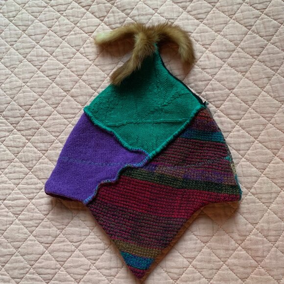 MYCO ANNA-Gladiator tuque winter hat recycle fabric ears cover fur pompom purple - Picture 1 of 7